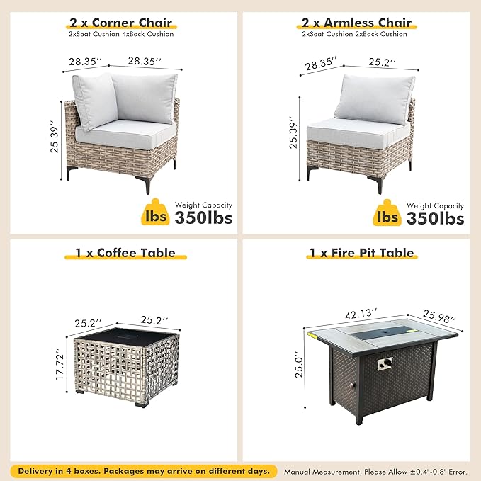 Outdoor Sectional Patio Furniture Set with Fire Pit Table and Glowing Table,6 Pieces Wicker Conversation Sets L Shaped Couch Out Door Sofa Set Outside Furniture for Garden Deck Yard,Grey