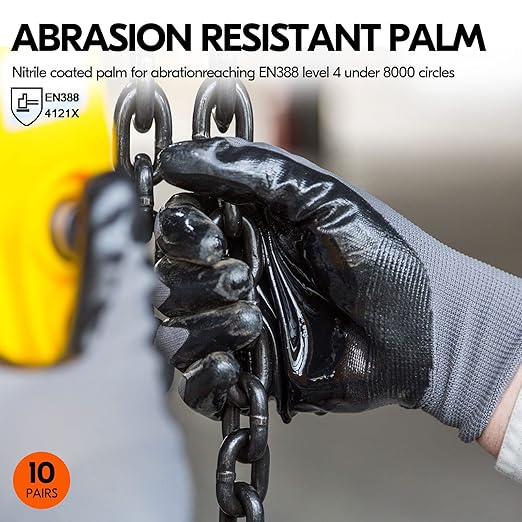 Vgo... 10-Pairs Safety Work Gloves, Gardening Gloves, Non-slip Nitrile coating, Dipping Gloves (Size M, Gray, NT2110)