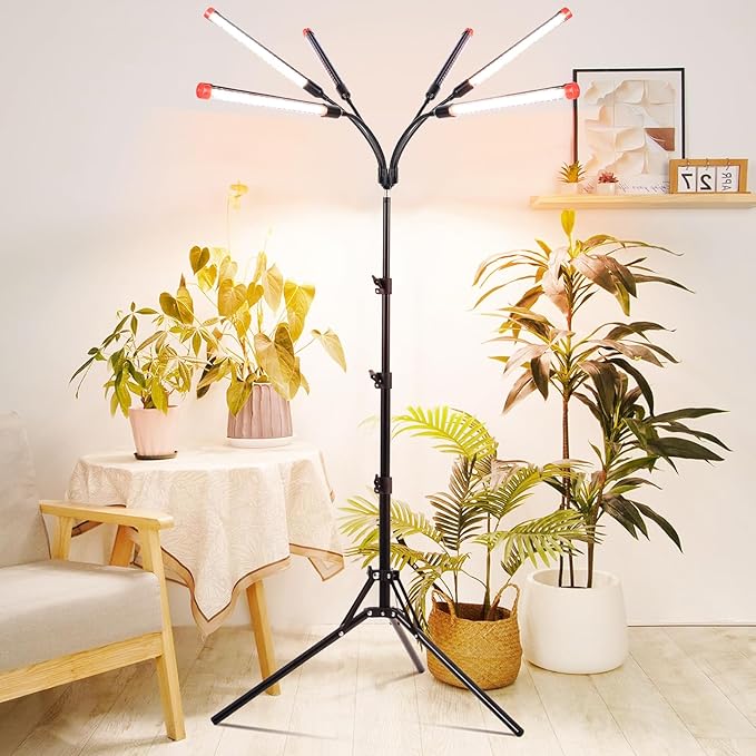 6Head Grow Lights for Indoor Plants, Seed Starting, Vegetables, Bonsai with Tripod Stand and Auto On/Off Timer 4/8/12H, 54W Power Full Spectrum Standing LED Plant Growing Lamps, 360° Gooseneck