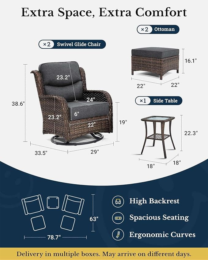 HILLGA Luxury Patio Furniture Set with 6-inch Thick Cushion, Outdoor High Back Swivel Rocker Patio Chairs, 5PCS Wicker Conversation Set for Deck Yard and Poolside, Dark Grey (V2)