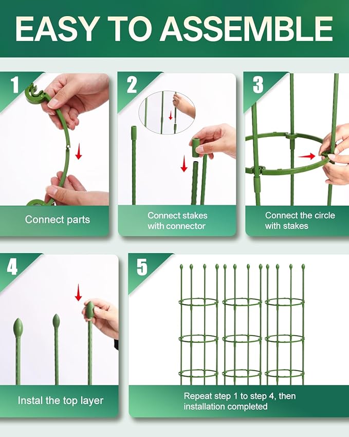 Breeze Touch Tomato Support Cages 3 Pack, Adjustable Tomato Trellis Up to 59 Inch for Garden & Pots, Small Plant Cages, Plant Support for Climbing Vegetables, Flowers, Beans, Cucumber, Peony
