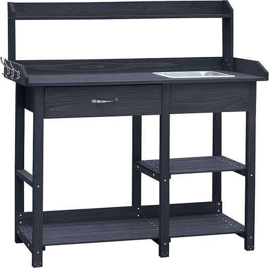 MUPATER Potting Bench Garden Table for Outdoors with Removable Stainless Sink, Planting Work Bench with Storage Shelves and Drawer, Grey
