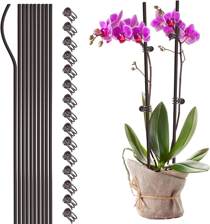 10PCS Garden Metal Plant Stakes with 15PCS Vine Fixing Clip Set, 15.75inch Tall Single Stem Flower Stakes, Bendable Plastic Coated Garden Plant Stakes Holder for Amaryllis Orchid Lily Rose(Brown 40cm)