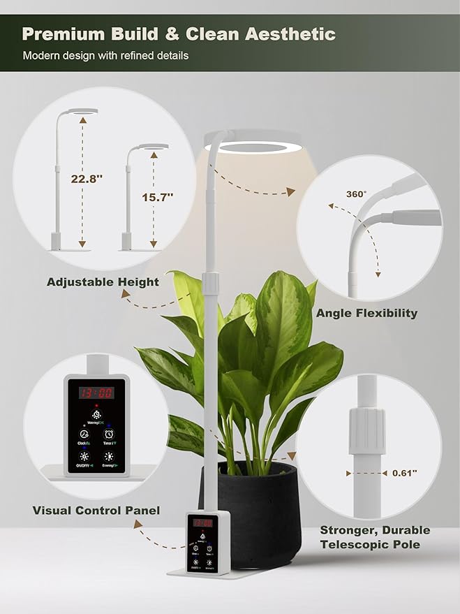 GLOWRIUM Smart LED Grow Lights for Indoor Plants, Desk Plant Light with Bluetooth App Control, 8W Full Spectrum Grow Lamp, Height Adjustable 16"-23", Auto Timer, Watering Reminder for Small Plants