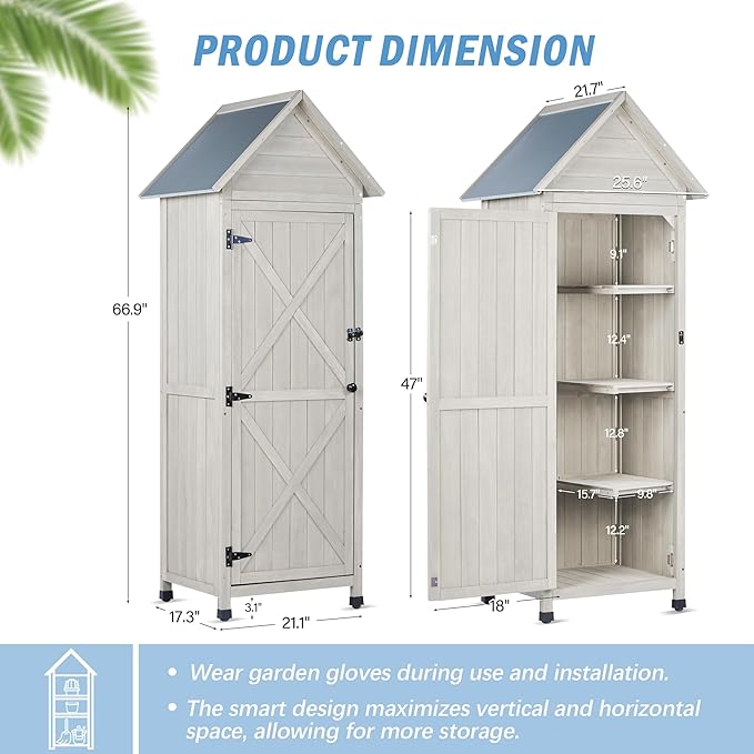Wooden Outdoor Storage Cabinet,Tall Vertical Garden Tool Shed with Waterproof Metal Roof & Adjustable Feet – Perfect for Yard, Patio, Lawn & Deck (Gray, 22" x 26" x 67")