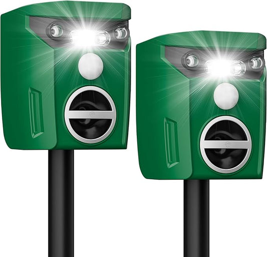 2 Pack Solar-Powered Ultrasonic Animal Repellent Outdoor, Deer Repellent Devices with Motion Sensor, Waterproof Deer, Cat, Raccoon, Coyote, Rabbit Deterrent for Yard, Garden, Farm
