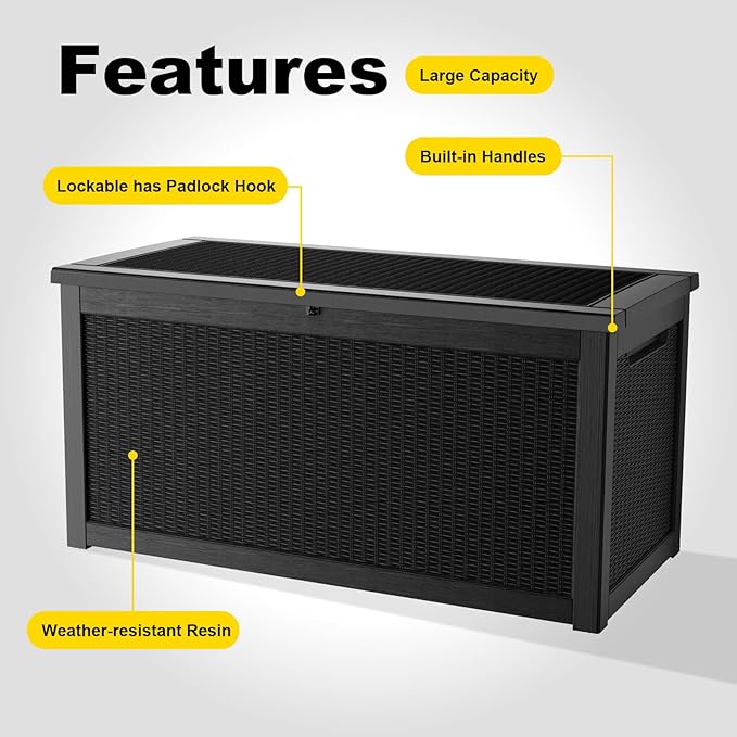 320 Gallon Outdoor Storage Box, Large Outdoor Deck Box,Waterproof & UV Resistant Resin Storage Box Lockable for Patio Cushions, Gardening Tools, Pool Accessories(Black)