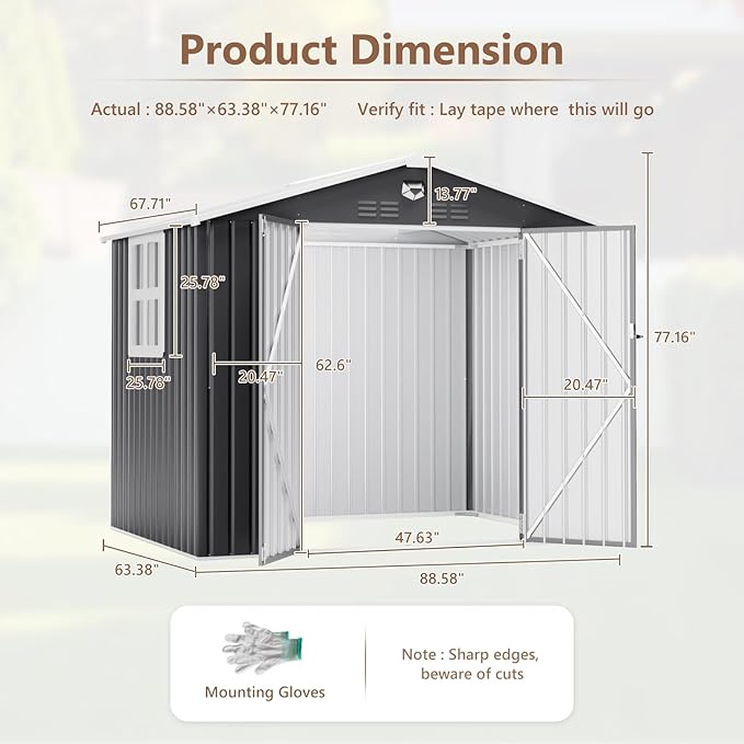 8x6 FT Outdoor Storage Shed, Metal Garden Shed - Tool Storage Sheds with Lockable Doors & 1 Clear Window, Waterproof Outside Storage Building for Backyard, Patio (Black; Floor Not Included)