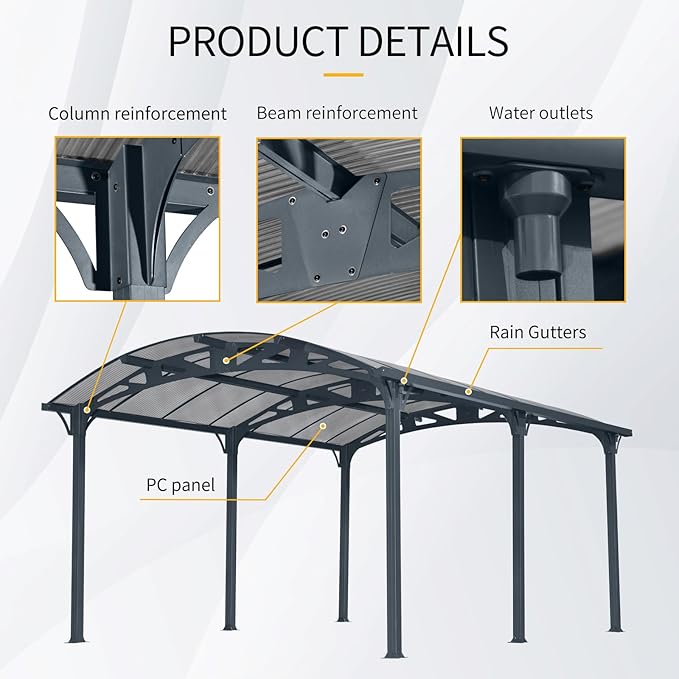 KEIKI 12x16x8 FT Aluminum Metal Outdoor Carport with Polycarbonate Roof,Heavy Duty Vehicle Shed Canopy for Car,Truck and Boats