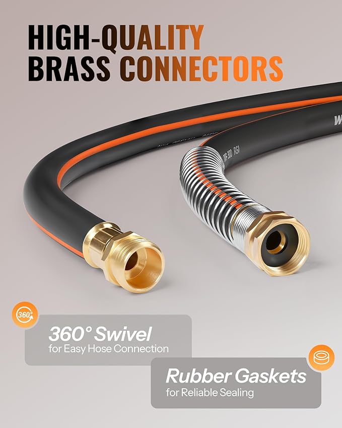 50FT x 5/8" Rubber Garden Hose, Heavy Duty Rubber Garden Water Hose, 300 PSI Working, 1000 PSI Burst, Swivel Handle with Stainless Steel Ring, 5-Layer Braided, All-Weather Outdoor Use