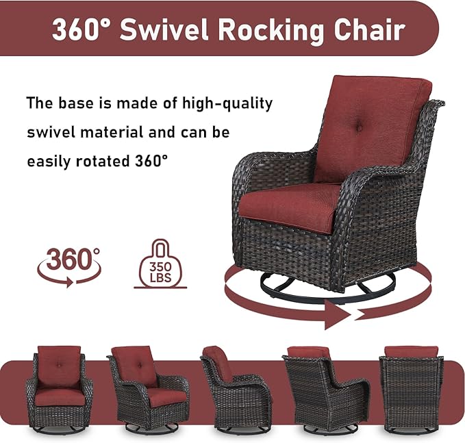 Wicker Rattan Patio Furniture Set - 7 Pieces Outdoor Couch with Swivel Chairs, Ottomans and Coffee Table for Deck, Poolside, Backyard - Brown/Red