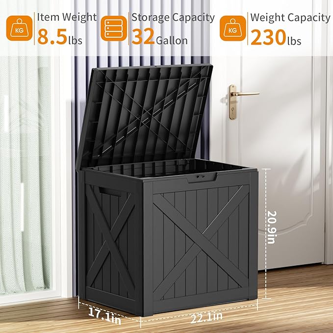 ROJIK 35 Gallon Outdoor Storage Housing Deck Box,Waterproof Patio Furniture, Garden Tools, Cushions, Pool Accessories Storage Bench with Lockable Lid and Side Handles(Black)