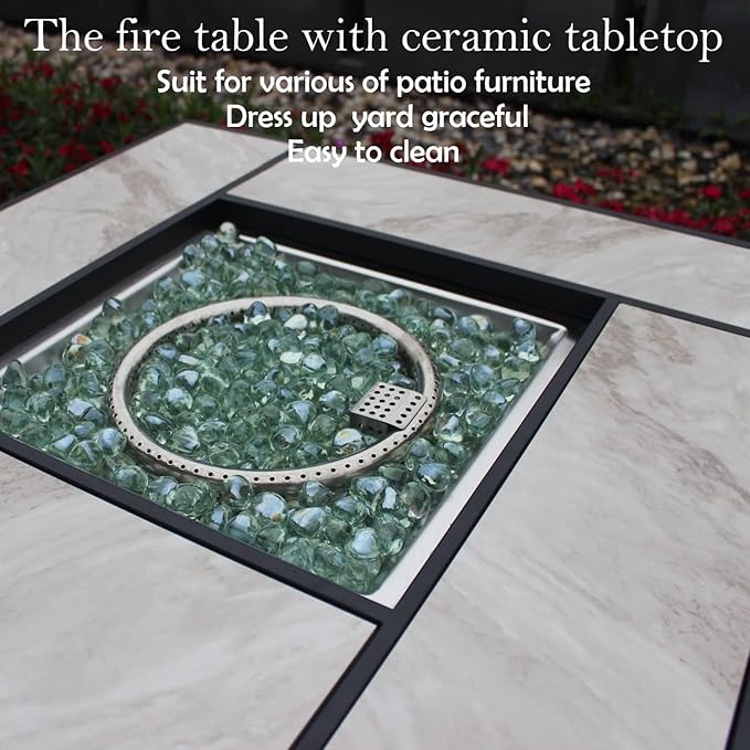 30" Propane Fire Pit with Real Ceramic Tabletop, 50000 BTU Gas Firepit Table with Lid & Glass Rock, Outdoor Fire Pit for Dining or Party, Firepit for Outside, Patio, Garden, Yard