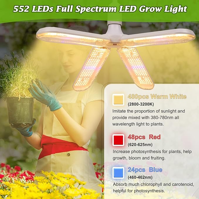 200W LED Grow Light Bulb - 552 LED Plant Light Bulb E26/E27 Sunlike Full Spectrum Plant Grow Lamp with IP54 Waterproof Foldable Four-Leaf Lamp Body for Hydroponics Garden Greenhouse Houseplants