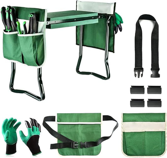 BDL Garden Kneeler and Seat, Upgraded Folding Bench Stool Portable Kneeler, Sturdy Gardening Tools with 2 Free Tool Pouch, Detachable Belt, A Pair of Garden Gloves, EVA Kneeling Pad