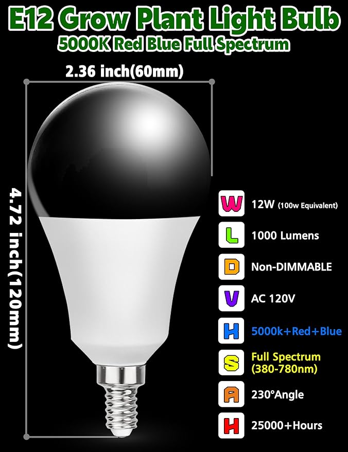 2 Pack E12 Small Candelabra Base LED Grow Light Bulbs Full Spectrum, 12W Sun Plant Light Bulb 100w Equivalent, Balanced Spectrum 5000K Red Blue for Flower, Seed Starting, Indoor Growing