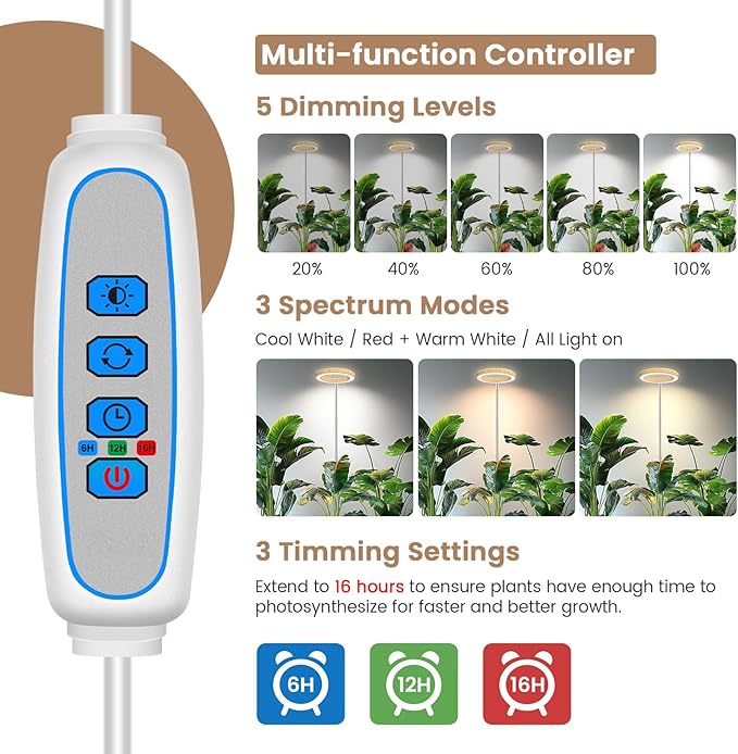 Grow Lights for Indoor Plants, Full Spectrum Plant Grow Light with 6/12/16H Timer, 3 Color Modes, 5 Brightness, 10"-65" Height Adjustable Growing Lamp for Large Indoor Plants (2 Pack)