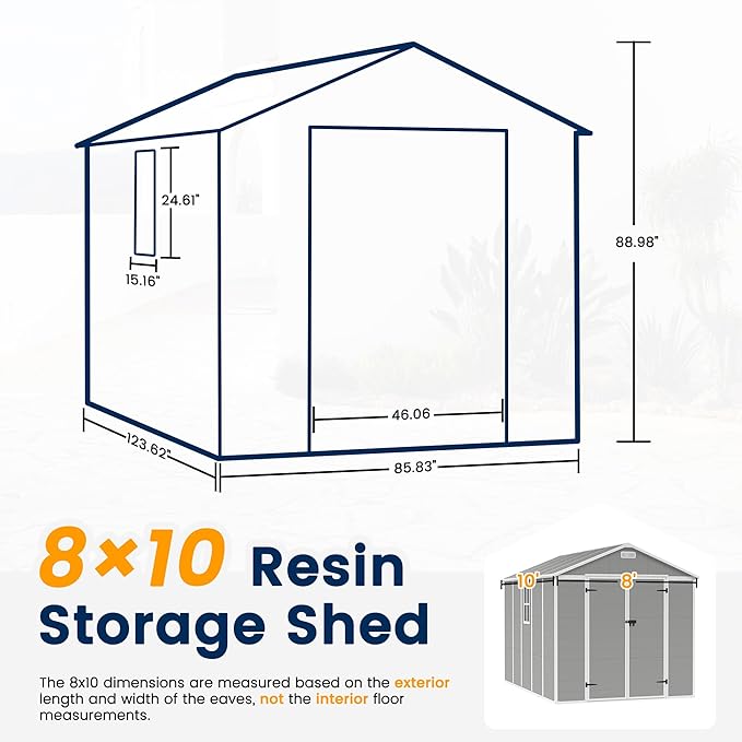 UDPATIO Storage Shed 8 x 10 FT, Resin Outdoor Garden Sheds with Floor Plastic Patio Outdoor Storage with Lockable Door for Tool, Bike, Garbage Gray White