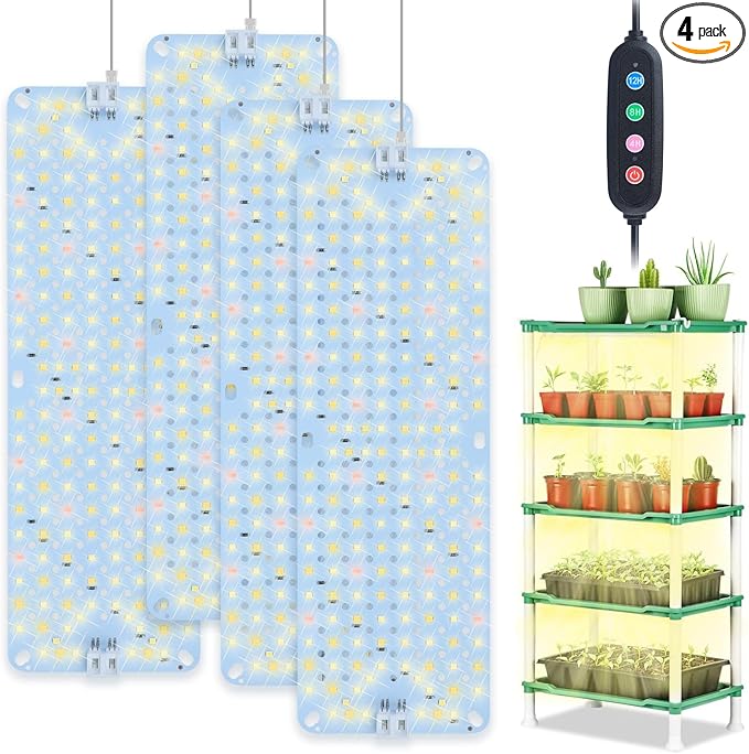 4Pack Flat Panel Grow Lights for Indoor Plants, Seed Starting, Vegetables with 4/8/12 Hr Timer, 40W Full Spectrum LED Plant Growing Lamps for Cabinet/Shelves/Greenhouse, Plug-and-Play, Connect Freely