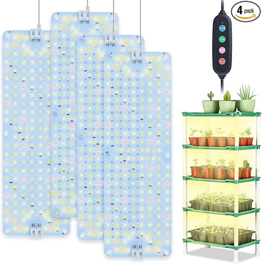 4Pack Flat Panel Grow Lights for Indoor Plants, Seed Starting, Vegetables with 4/8/12 Hr Timer, 40W Full Spectrum LED Plant Growing Lamps for Cabinet/Shelves/Greenhouse, Plug-and-Play, Connect Freely