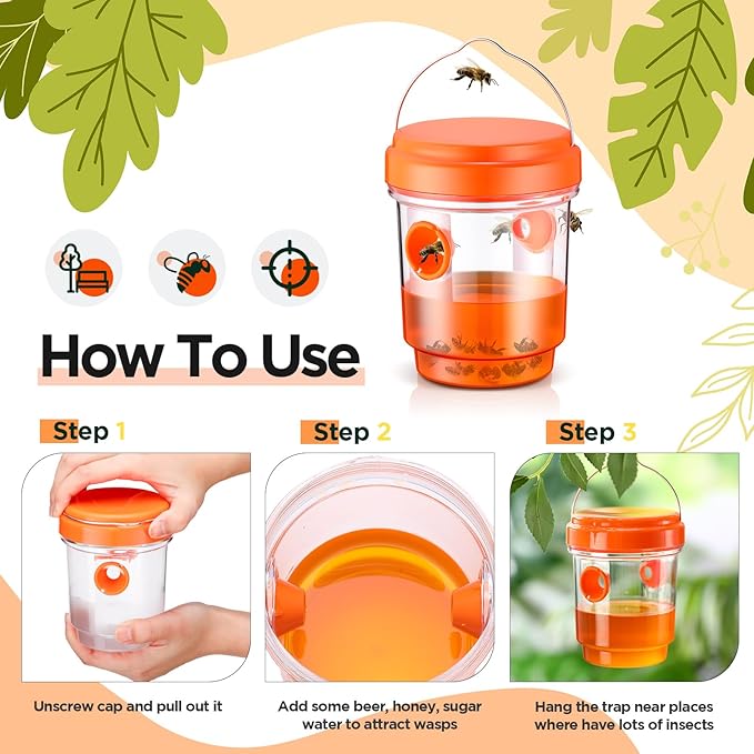 Qualirey 2 Pcs Wasp Traps for Outdoors Wasp Killer Hanging Bee Traps Reusable Fly Bee Killer for Indoor Outdoor Patio Garden Home (Orange)