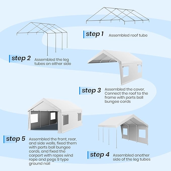 Carport 10x20 Heavy Duty Portable Garage,Carport Canopy with Roll-Up Windows & Doors,Portable Garage and Shelter with Removable Sidewalls,Car Tent Garage with All-Season Tarp for Bike Truck Lawnmower
