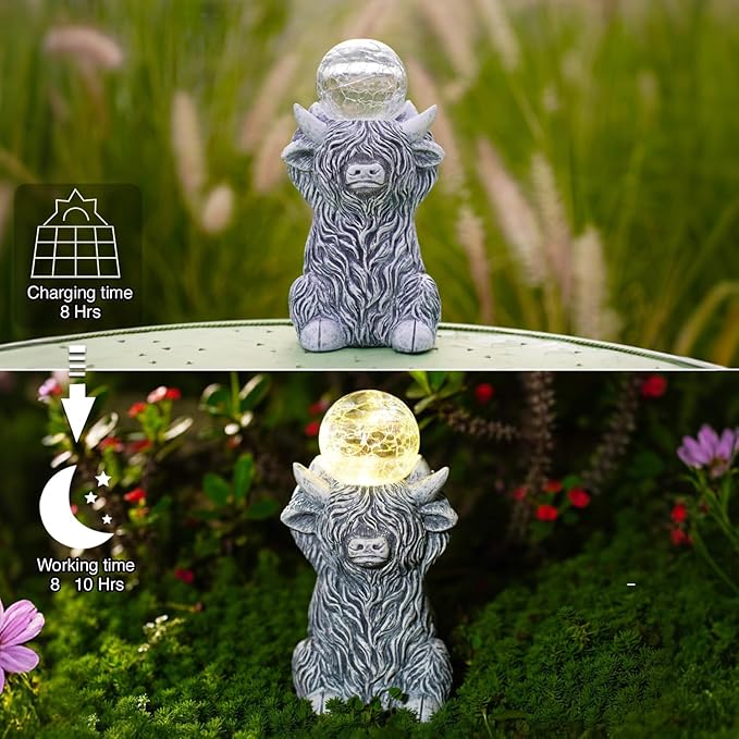 Goodeco Highland Cow with Solar Gazing Ball Lights – 8.2 Inch Garden Statue for Home & Outdoor Decor, Highland Cow Gifts for Yard & Patio (Gray)