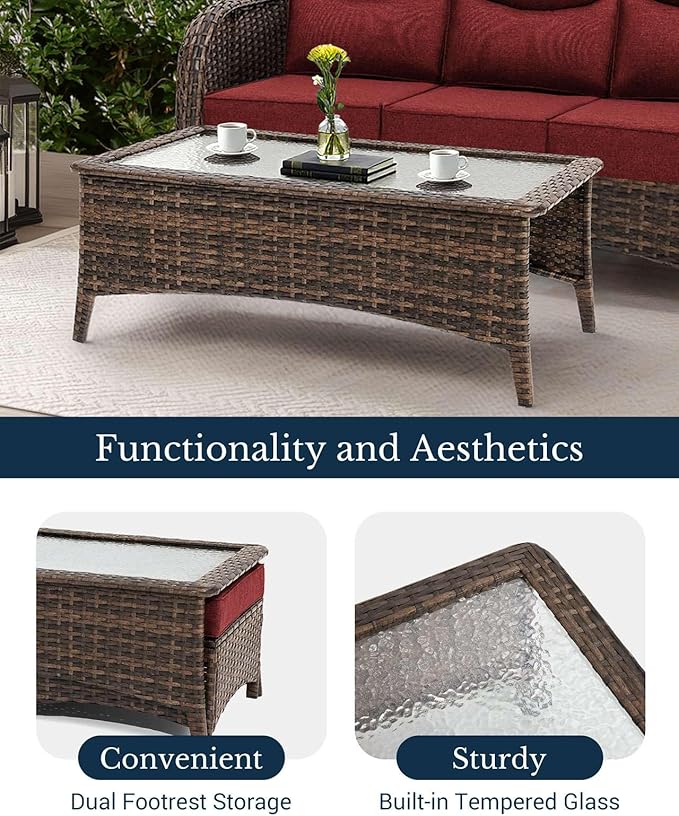 HILLGA Luxury Patio Furniture Set with 6-inch Thick Cushion, Outdoor Couch and High Back Swivel Rocker Patio Chairs, 8PCS Wicker Conversation Set for Deck Yard and Poolside, Burgundy (V2)