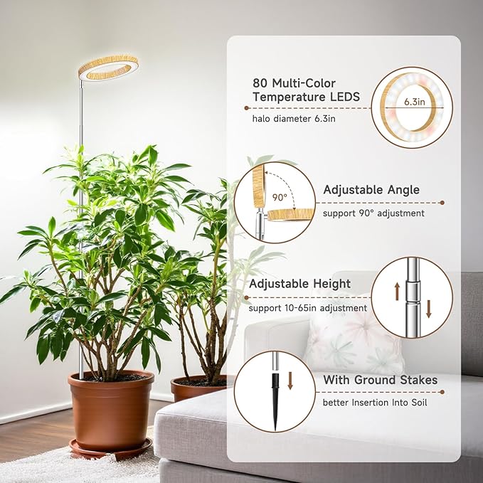Grow Lights for Indoor Plants, Full Spectrum Plant Lights for Indoor Growing with 6/12/16H Timer, 3 Optional Spectrums, 5 Brightness, Height Adjustable 10"-65" Faux Wood Grain Growing Lamp