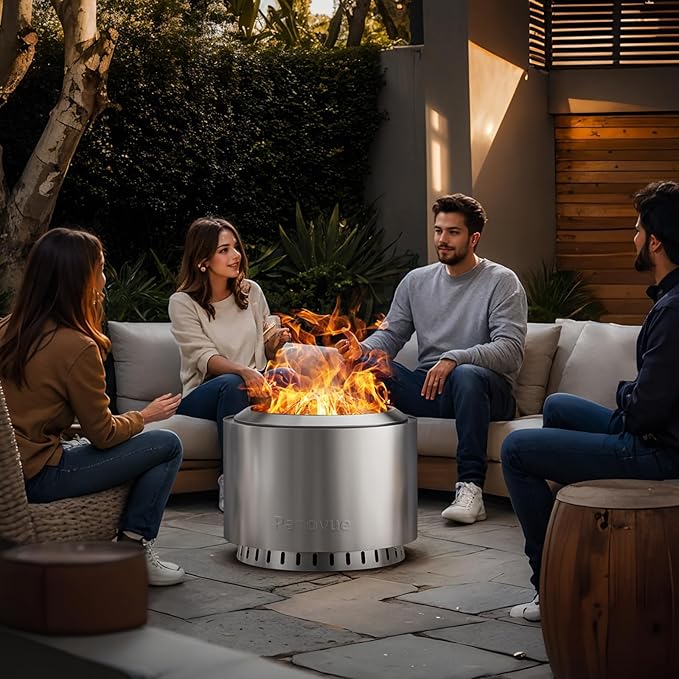 22 inch Smokeless Fire Pit with Waterproof Cover, Stainless Steel Outdoor Smokeless Firepit, Wood Burning Fire Pits for Camping, Bonfire,Low Smoke Firepit for Outside[Slivery]