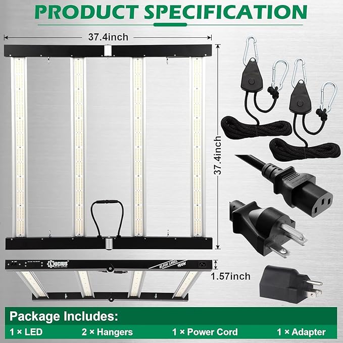 Lucius 400W LED Grow Light with LM281B Diodes, 2.9 µmol/J High Efficiency, Dimmable 4-Bar Light with 1344 Diodes, Full Spectrum Plant Grow Lamp for Indoor Plants, Seeding, Veg, Bloom, 120/240/277V