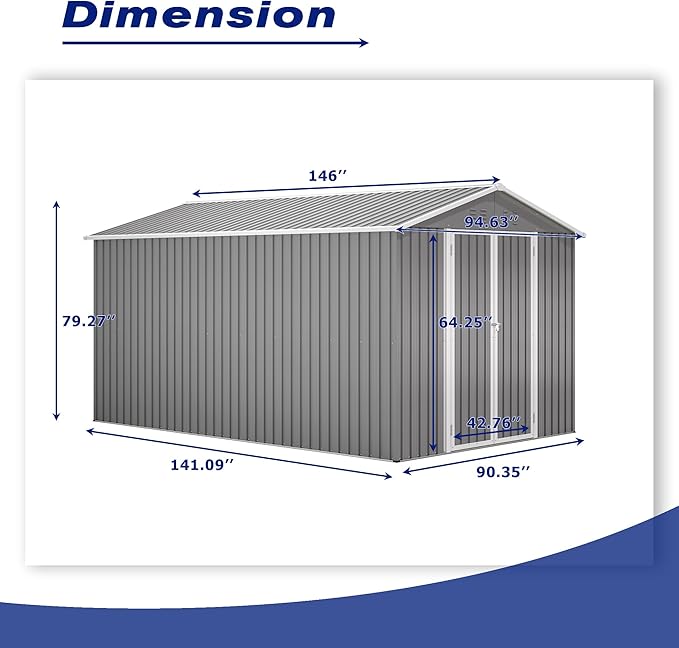 8×12 FT Storage Shed with 1 Lockable Door and Vents,Metal Aluminum Waterproof Tool Sheds,Heavy-Duty Sheds Unit W/Floor Frame,Lock & Key,Garden Shed for Storing Bicycles,Barbeques,Gray