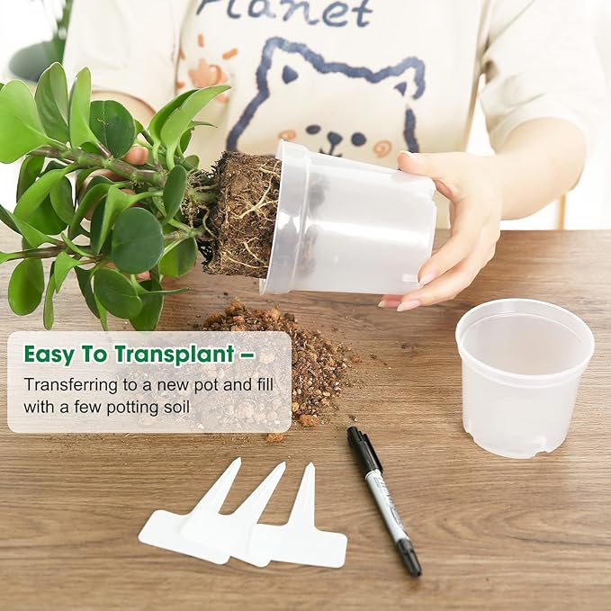 40 Pcs 4.3 Inch Clear Nursery Pots for Plants, Transparent Plastic Plant Pots with Drain Holes, Seed Starter Planter Container with 20 Plant Labels for Flowers Vegetable Seedlings