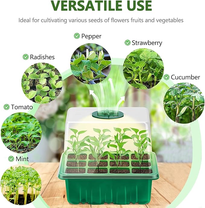 Seedling Starter Tray 6 Packs Seed Starter Tray with Grow Light, Smart Controller Seed Starting Trays Kit with Humidity Dome (72 Cells) Indoor Gardening Plant Germination Trays Green