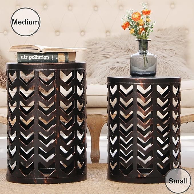 Y&M Set of 3 Black with Bronze End Tables, Nesting Metal Round Coffee Table, Heavy Duty Metal Plant Stand Garden Stool, Outdoor Multifunctional Use