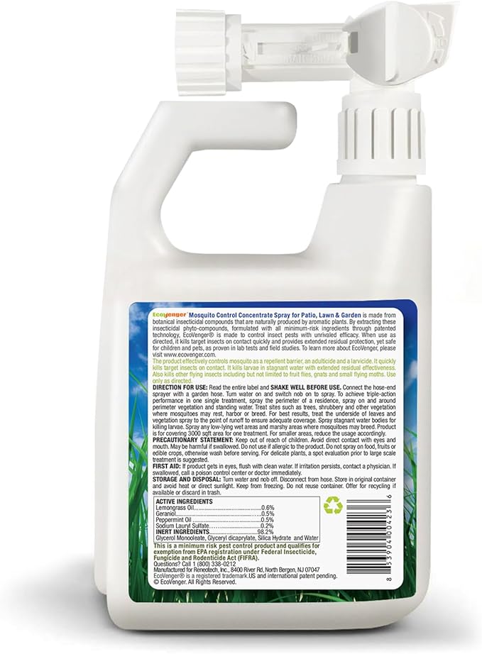 EcoVenger by EcoRaider Mosquito Control Triple-Action Hose-end Spray 32 oz, Kills Aphids, Gnats, Ticks, Kills All Stages + Larvae Control + Lasting Repellency, Citrus Scent, Non-Toxic Child-&-Pet-Safe