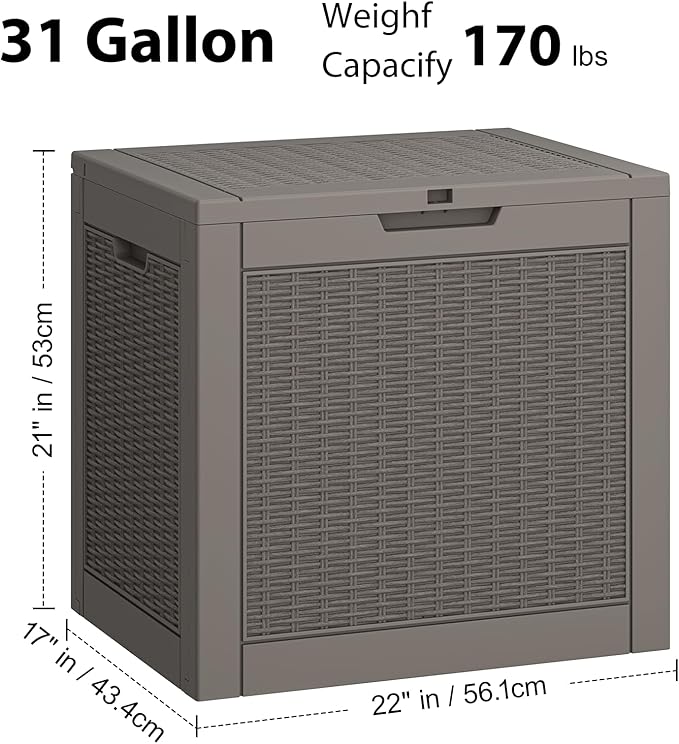 NUNU LAB Outdoor Storage Box 31 Gallon,Waterproof Indoor Outside Deck Boxes,Backyard Storage Bin for Package Delivery,Garden Tools,Patio Cushions,Pool Accessories,Storage Bench Lockable Lid,Tool Box
