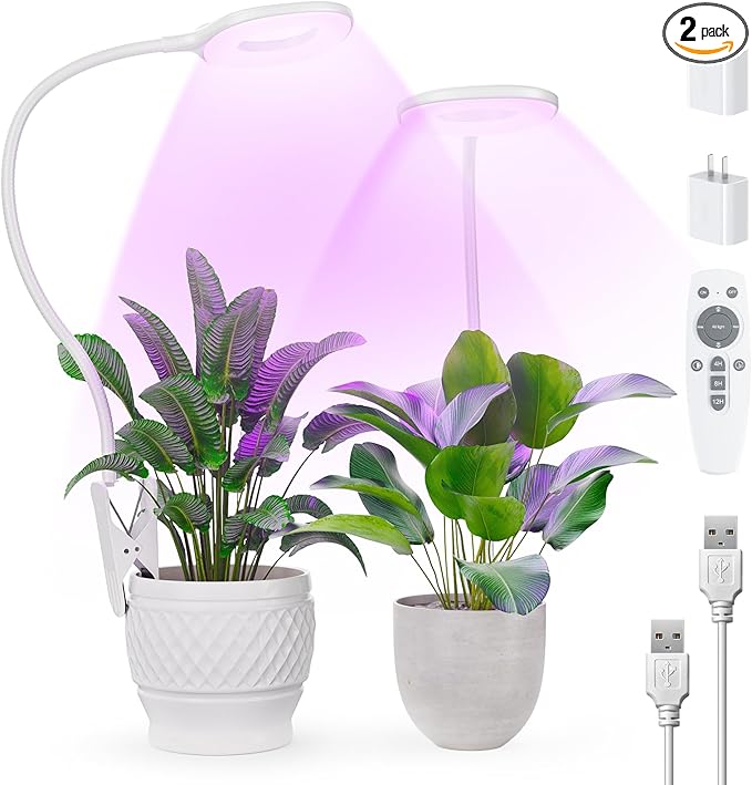 Grow Lights for Indoor Plants Full Spectrum, Clip On LED Plant Light, Plant Growing Lamp with 4/8/12H Timer, 3 Light Modes, 10 Dimmable Levels, Adjustable Gooseneck, Remote Control, 2-Pack
