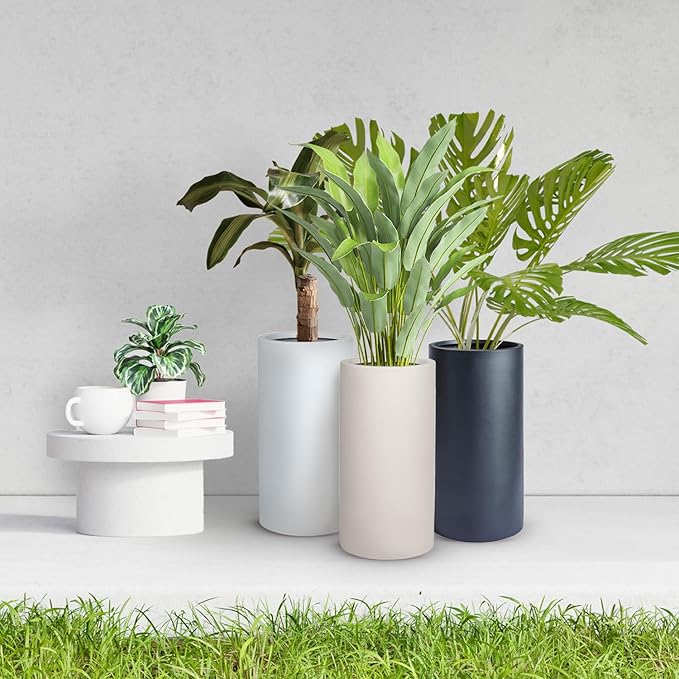 19.5"H x 9.8"D Tubo Fiberstone Cylinder Tall Planter with Drainage Hole, Smooth Finishes, Weather Resistant for Indoor and Outdoor Use, Included 2 Extra Coco Mats (Taupe, 8.2" Pot Opening)