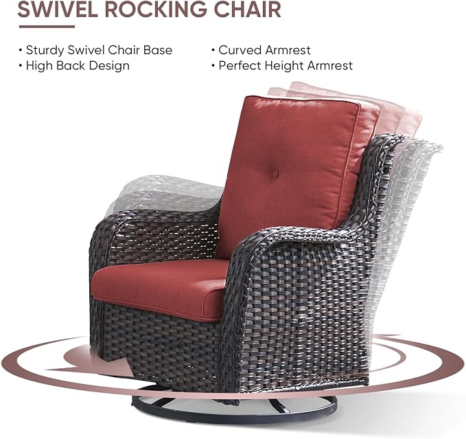 4 Piece Patio Furniture-All-Weather PE Wicker Outdoor Patio Furniture with Swivel Rocker Chairs,Outdoor Couch, Set with Coffee Table-Brown/Red