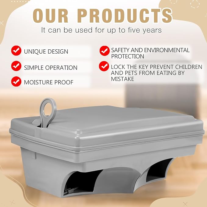 Qualirey 6 Pack Rat Bait Stations with 6 Keys Reusable Heavy Duty for Rodents Outdoor Mouse Poison Holder Large Station Traps for Mice Pests, Bait Not Included(Grey)