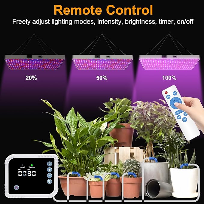 LED Grow Light with Automatic Watering System for Indoor Plants, Full Spectrum Plant Light with Remote Control, Stepless Dimmable Growing Lamps with 3 Lighting Modes for Seedlings Veg Bloom