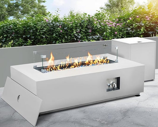 NICESOUL 42'' Outdoor Rectangle Fire Pit Table, Modern Low Profile Patio Firepits with Tank Table, 50,000 BTU Firepit Table for Outside, Exterior, Porch, Backyard or Garden, No Assembly, Grayish white