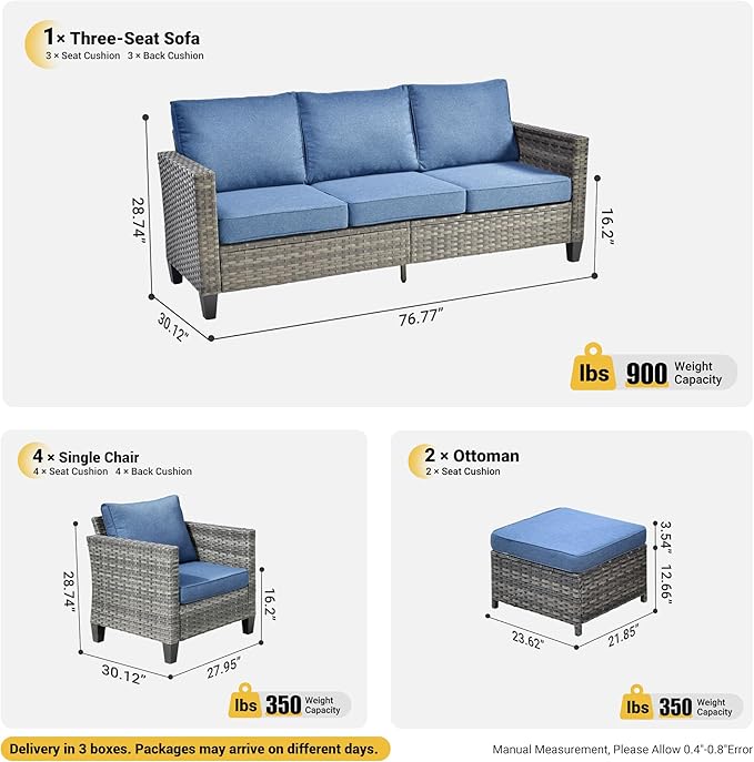 ovios Patio Furniture Set, 7 Pieces Outdoor Wicker Sofa Couch with 4 Chairs, Ottomans and Comfy Cushions, All Weather High Back Rattan Conversation Set, Denim Blue