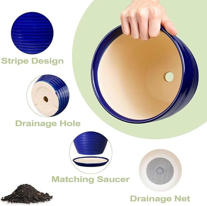 Round Ceramic Planter - Modern 8 Inch Plant Pot with Drainage Hole and Tray for Flower Indoor Outdoor Garden Decor Blue