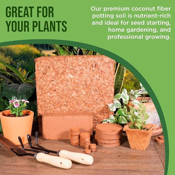 Coco Coir Husk Chips 4-Pack – 2.4 Cu. Ft. Compressed Coconut Coir Bricks, 10 lb. Natural Substrate for Indoor & Outdoor Use, Orchid Bark Alternative, Orchid Potting Mix, Indoor Plant Soil