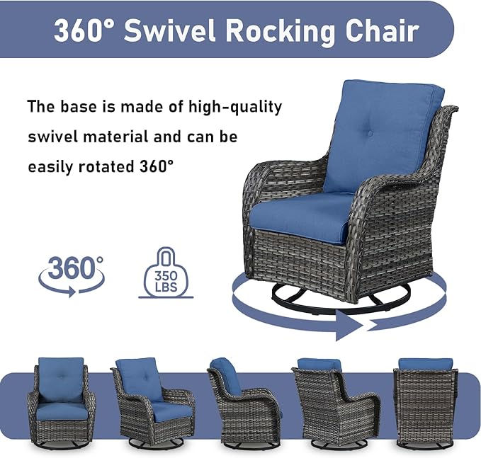 Wicker Outdoor Conversation Set-6 Pieces Outdoor Wicker High Back Couch with Swivel Rocker Chairs Patio Furniture for Deck Poolside Backyard-Grey/Blue