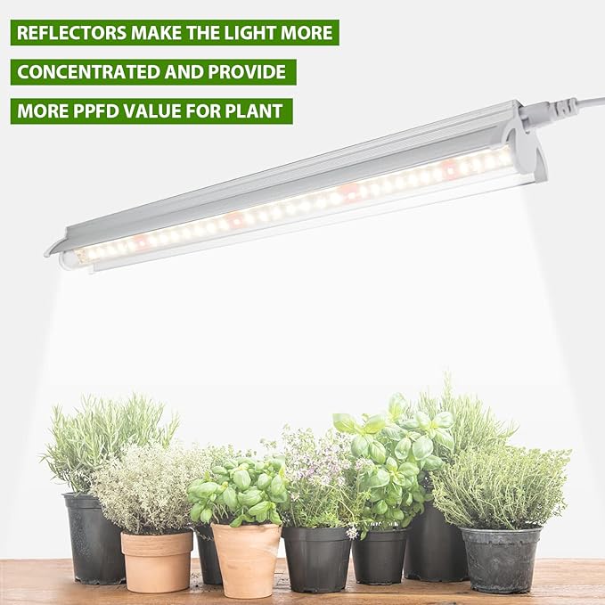 Grow Light T5 1.4 ft (4pcs x 10 Watts),5000K White Full Spectrum LED Lamp Plant Light Strips for Indoor Plant Growing,End-to-End Connectable with V-Shaped Reflector
