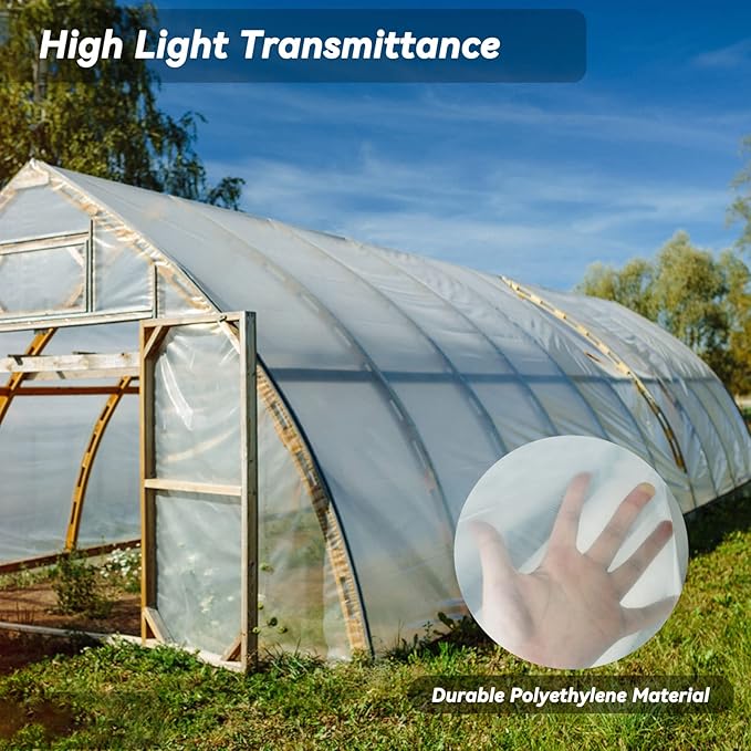 24x50 FT Clear Greenhouse Film Plastic Sheeting, Greenhouse Polyethylene Plastic Film 6 mil Thickness Replacement Cover, UV Resistant, Plant Covers Freeze Protection for Windproof Frost& Dust Proof