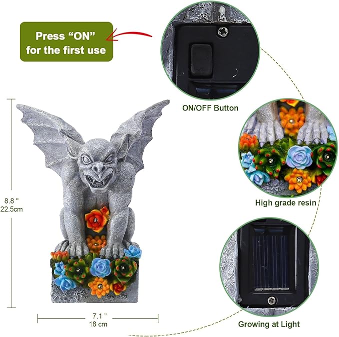 Gothic Gargoyle Garden Statues: Outdoor Sculptures with Succulent Lights Decor for Patio Lawn Yard Art - Gifts for Mom Grandma